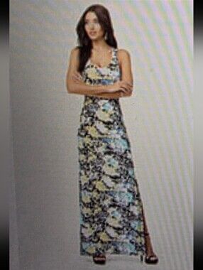 bebe Multicolor Printed Sleeveless Maxi Dress - Yellow, Teal & Black Large